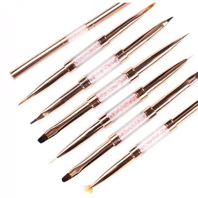 China NAIL Rose Gold Metal Handle Dual End Nail Brush Paint Coating Nail Art Brush for sale