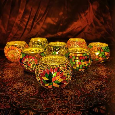 China Romantic Handwork Glass Turkish Handmade Bohemian Classical Bohemian Decoration Mosaic Decal Candlestick Holder Decoration Candle Cup for sale