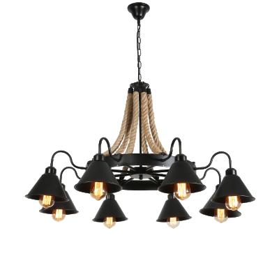 China Retro Modern Nordic Luxury Decor Home Decoration Hemp Rope Light Chandeliers Lamps And Wrought Iron Round Chandelier for sale