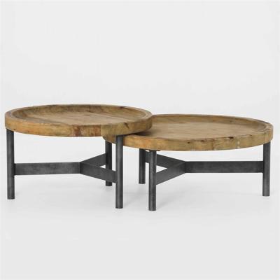 China Convertible Smart Coffee Table Round Wood Top Industrial Reclaimed Pine With Metal Base for sale