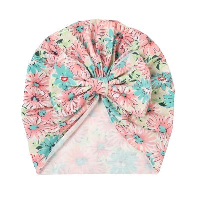 China Wholesale Casual Sweet Floral Bowknot Baby Pearl Flower Print Headband Indian Turban Beanie Hat for sale