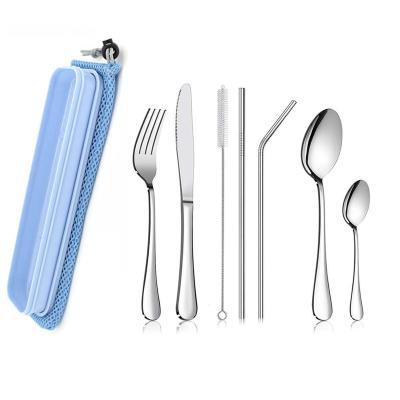 China Sustainable Wholesale 304 Stainless Steel Kitchen Fork Spoon Knife Cutlery Set With Straw for sale