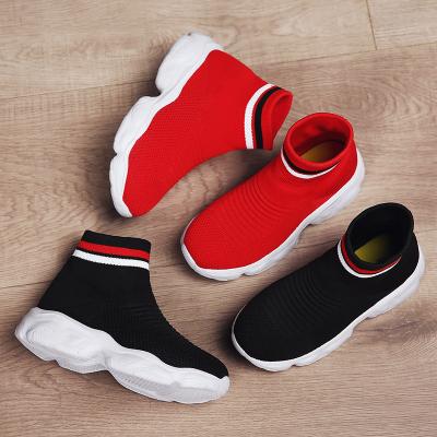 China Manufacturers Anti-slippery fly sock high top Mesh Children woven shoes boy shoes girls sports knitted sock shoes for sale