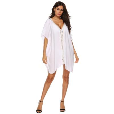 China Summer Anti-Shrink Ladies White Cotton Swimsuit Kaftan See Loose Through Beach Cover Up for sale