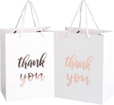 China Recyclable Thank You Gift Bags Elegant Paper Gift Bags With Embossed Thank You In Rose Gold Foil Letters for sale