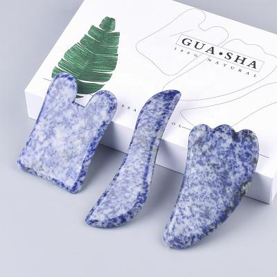 China 100% Body Manual Hand Held Natural Blue Spot Jade Gua Sha Set For Full Facial Massage Body Guasha Massage Tools With Gift Box for sale