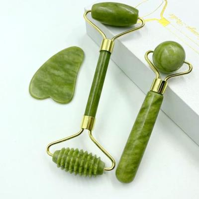 China 3pcs/set/Natural White Facial Green Jade Roller and Gua Sha Scraping Set for Face Massager Beauty Tools for sale