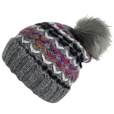 China Ladies COMMON acrylic jacquard knitted mohair hat with pom pom outside warmer turned brim hat for sale