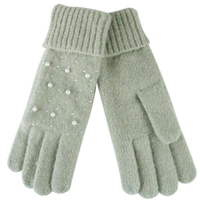 China Plain ladies' acrylic knitted mittens with pearls and rhinestones for sale