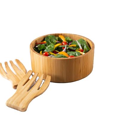 China Viable Factory Wholesale Reusable Handmade 100% Natural Round Salad Bowl Bamboo Wooden Set for sale