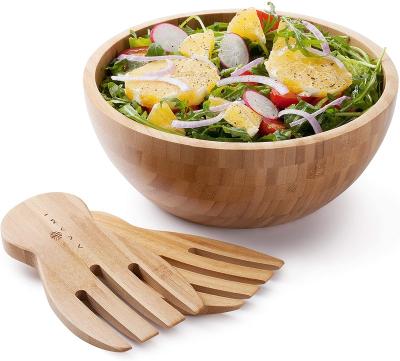 China Sustainable Bamboo Salad Bowl with Tongs, 10inch Large Wooden Serving Bowl for Fruits or Salads, Natural Organic Bamboo Serving Plate Tableware for sale