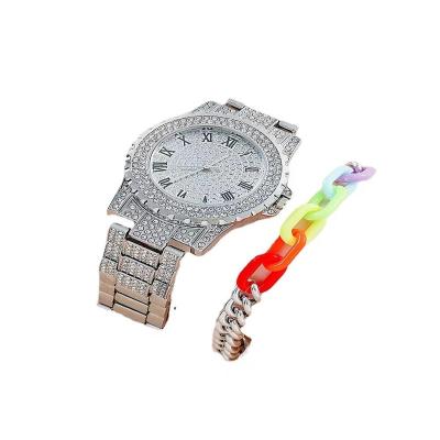 China Auto Date Ladies Watch  style steel band quartz Watch set + fashionable titanium steel chain rainbow bracelet for sale