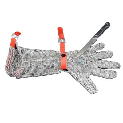 China Cut Out Long Sleeve Chainmail Stainless Steel Heavy Duty Gloves With Plastic Strap for sale