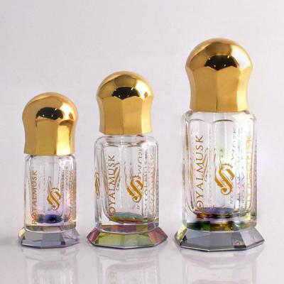 China Personal Care 3ml 6ml 12ml Attar Oil Perfume Bottles Arabic Refillable Oud Oil Perfume Bottles Glass Octagonal Essence Bottle With Gold Cap for sale