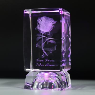 China Europe Wholesale 3D Laser Engraved Led Light Base Crystal Glass Rose Flower Cube For Wedding Birthday Souvenir Guest Gifts for sale