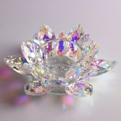 China Wholesale Home Decor Rainbow Colored Crystal Glass Lotus Flower Shaped Candle Holders For Wedding Decorations for sale