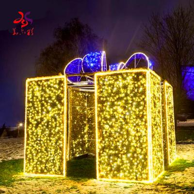 China Outdoor Commercial Hanging Decorative Christmas 3D Rattan Christmas Gift Box Pattern Wedding Light Gold Light Commercial Use Large for sale