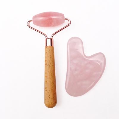 China New face lift products choose wooden handle Rose quartz jade massage roller head gua sha set for sale