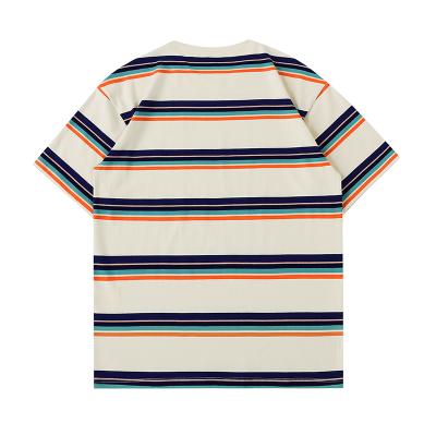 China 2021 summer new retro color embroidery couples short-sleeved T-shirt Anti-wrinkle striped T-shirt men for sale