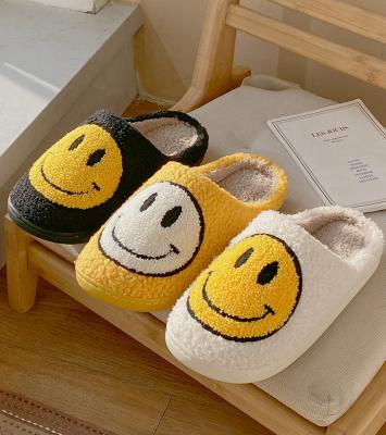 China CUSHIONING Smiley Face Fuzzy Warm Slippers Memory Foam Cute Soft Plush Bedroom Shoes Winter Comfortable Indoor Non-Slip Flat Slides for sale