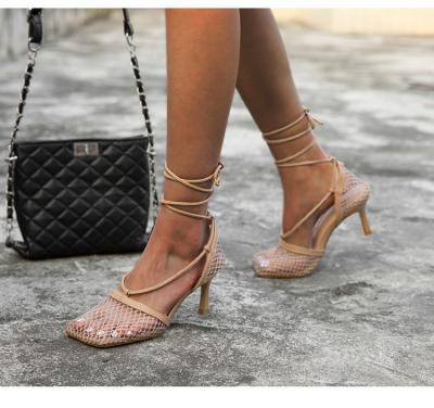 China 2021 New Arrival High Heel Ankle Wrap Anti-slippery Shoes Shape Mesh Women Sandals Lace Up For Ladies for sale