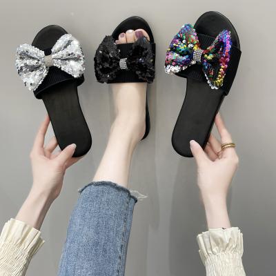 China CUSHIONING LESLIDES new trend sequins bow knot women sandals casual flat comfortable durable flat ladies leisure slippers for sale