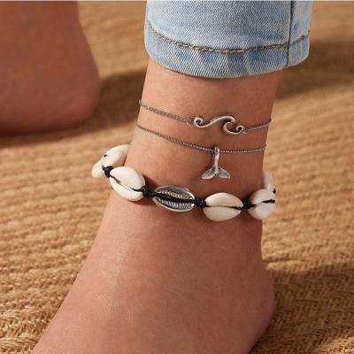 China Other Wholesale Price New Shell Pendant Bead Chain Simple Female 3 Piece Set Anklet Summer Beach Anklet for sale