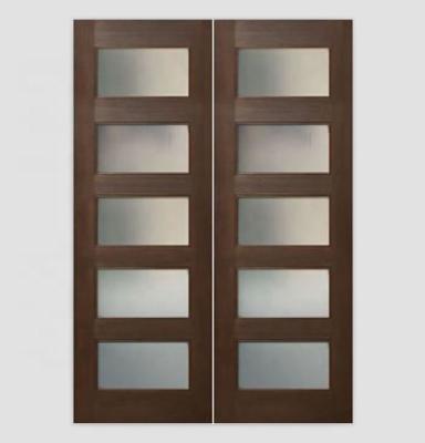 China Decoration 5 Panel Shaker Style Frosted Wooden Double Glass Doors Main Door Design Pictures for sale