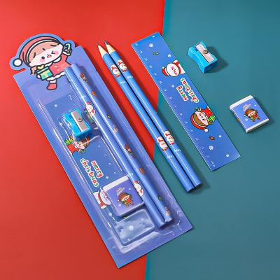 China 5Pcs/set Christmas Plastic/Wooden Stationery Set Creative Student Activity Rewards Gift Cute Cartoon Pencil Set for sale