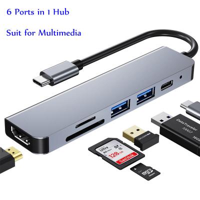 China Charging+Data Transfer+Video Output Audio Transfer 6 In 1 Port SD TF Card Reader USB 2.0 USB 3.0 PD 4K 8K Cable Port USB Port USB Hub adapter for sale