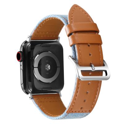 China Unique Design With Upgrated Connector For Apple Watch Band Series 6 5 4 3 2 1 Se For Iwatch Adjustable Denim Leather Strap 38 40 42 44 Mm for sale