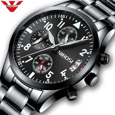 China Luxury Men's Black Wrist Watch Relogio Masculino 2303 Luminous Stainless Steel Band Chronograph Automatic Date Mens Watches NIBOSI for sale