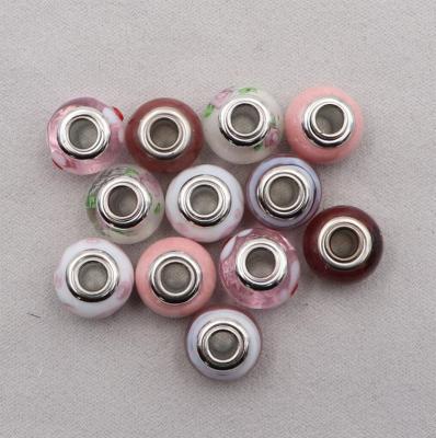 China Fitted European Bracelet Charm Wholesale Cheap Handmade Murano Lampwork Large Hole Spacer Glass Pink Beads With Metal Silver Plated Core for sale