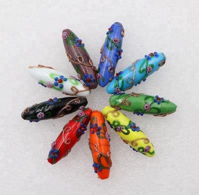 China Eco-friendly Oval Floral Flower Length 42mm Handmade Glass Lampwork Beads for sale