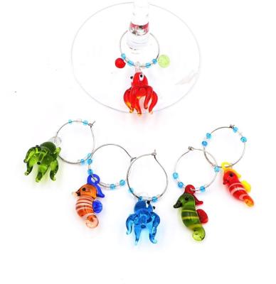 China Viable Set of 6 Small Magnetic Lampworking Octopus Figurines Wine Glass Charms for sale