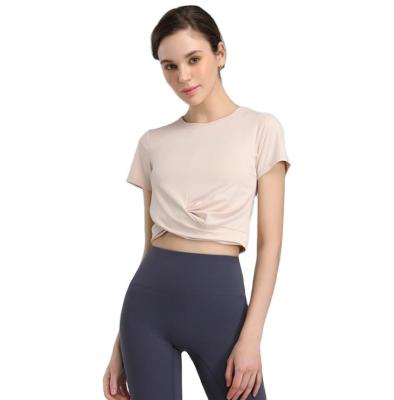 China Breathable Sport Woman T Shirts With Short Style Sexy Design Loose Sleeves Workout Clothes Woman Yoga Top for sale