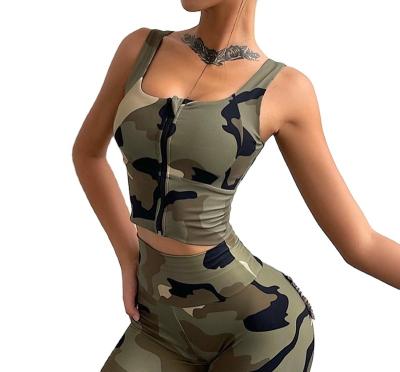 China Sexy Women's Push Ups Zipper Top Bra Camouflage Breathable Shockproof Sports Bra For Gym Woman for sale