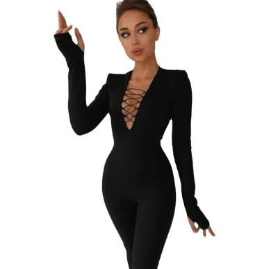 China Women's One-piece Upper Epaulets V-Neck Bandage Jumpsuit Breathable Solid Deep Sexy Long Sleeve Jumpsuit for sale