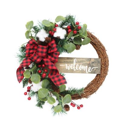 China New Environmental Friendly Plaid Hanging Sign Christmas Wreath Wooden Christmas Ornament for sale