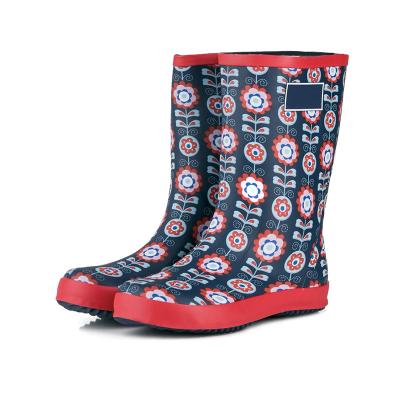 China Waterproof Decorative Durable Fancy Customized New Style Kids Rubber Rain Boots For Blue Bottom Wholesale With Flowers Printing Kids Rain Rubber Shoes for sale