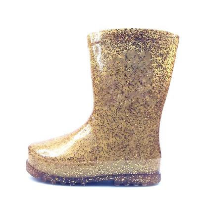 China Waterproof Decorative Goods Customized 2018 New Style Hot Selling Waterproof Kids Fashionable Gold Color PVC Transparent Bling Kids Rain Boots for sale