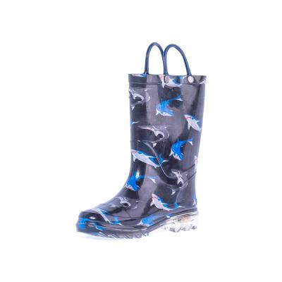 China 2018 New Design LED Lighting Waterproof Decorative Goods With Printed Shark Striping Convenient Pull Handle Kids Rain Boots For Kids Rain Shoes Wholesale for sale