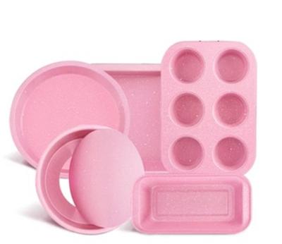 China Carbon Steel Viable Hot Cake Set Pink Molds Cake Bakeware Baking Pan Sets Rectangle Toast Bread Pan Pizza Pans for sale