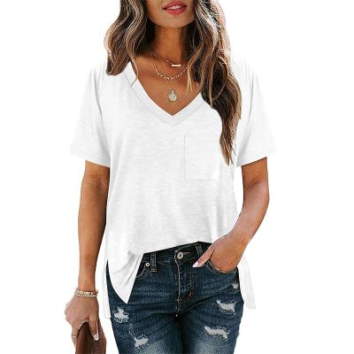 China Breathable Women Loose Casual Cotton T-shirt Wholesale Plain Slit Edge Shirt White Printing V Neck Custom T-shirts for sale