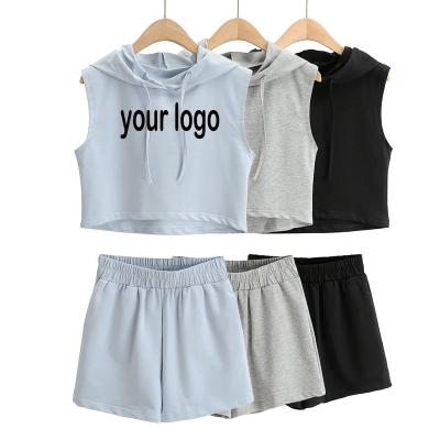 China Breathable Custom High Quality Ladies Cropped Top Hoodie And Shorts Sleeveless Hoodie Printed Plain Crop Top 2 Pieces Set for sale