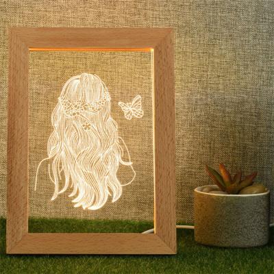 China Decorative Night Light Customized Design Acrylic 3d Cut Led Optical Illusion Lamp Photo Frame Night Lamp Wooden Decoration Bedroom for sale