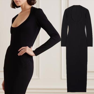 China Manufacturer Elegant Solid Black Anti-Wrinkle Apparel HL Knit Dress Women Maxi Long Sleeve Sweater Dress Summer Wholesale Custom Party for sale