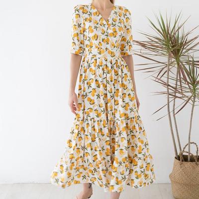 China Custom Women Slip Dress Manufacturer Anti-wrinkle Designer HL Printing Hawaiian Dress Wholesale Summer Beach Midi Orange Floral Dress for sale