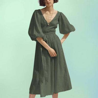 China Wholesale high quality green custom made ruffle women women dress 2023 summer v-neck leisure boho canvas maxi dress manufacturer designer Anti-wrinkle dress for sale