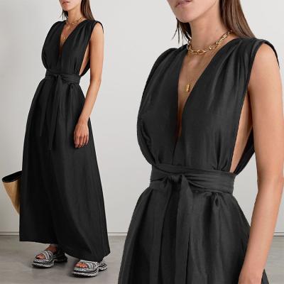 China Manufacturer HL Summer Anti-wrinkle custom wholesale black sleeveless maxi cotton dresses ruffle canvas dress designer spring dress for sale